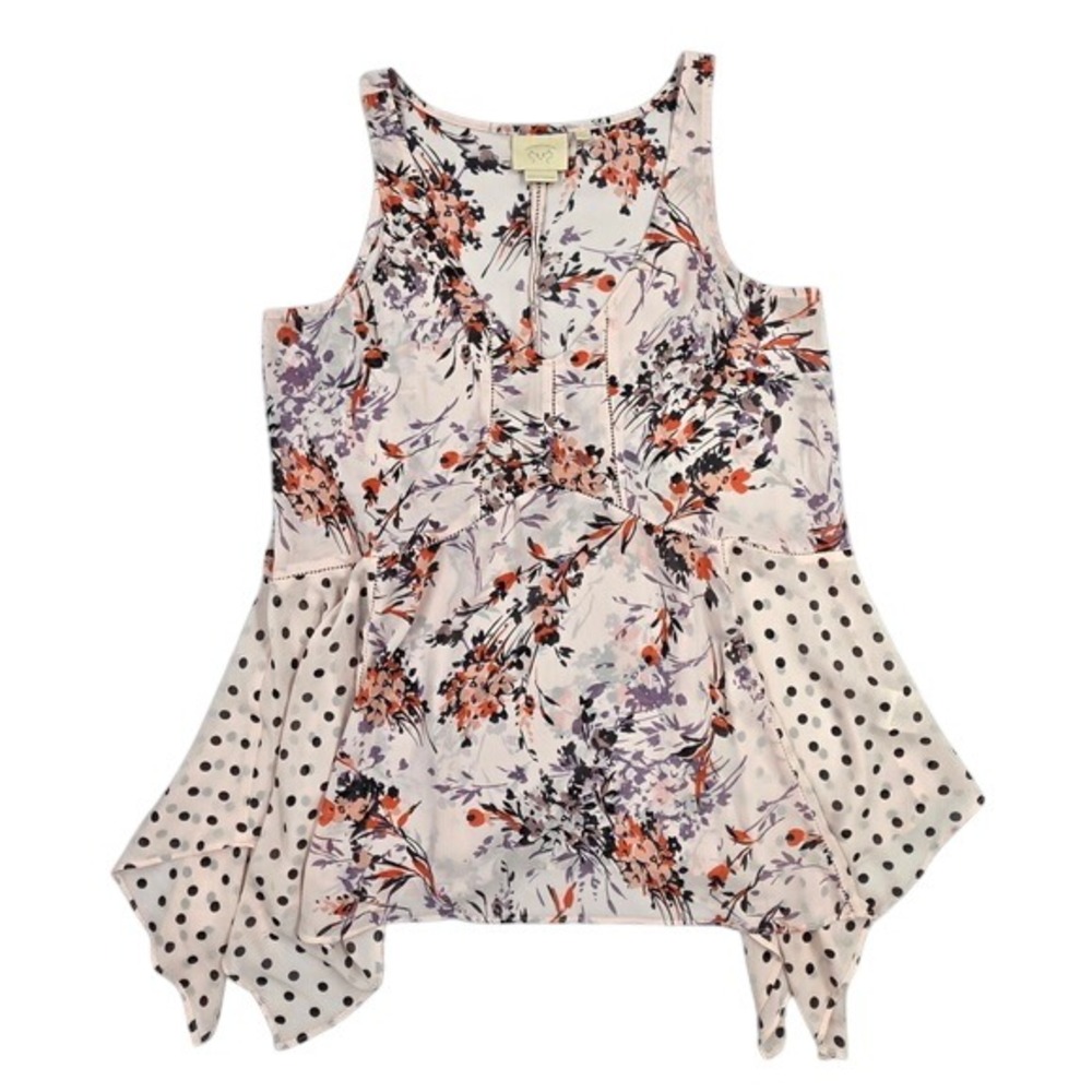 Vanessa Virginia Anthropologie Floral Polka Dot Handkerchief Hem Blouse Pink XS